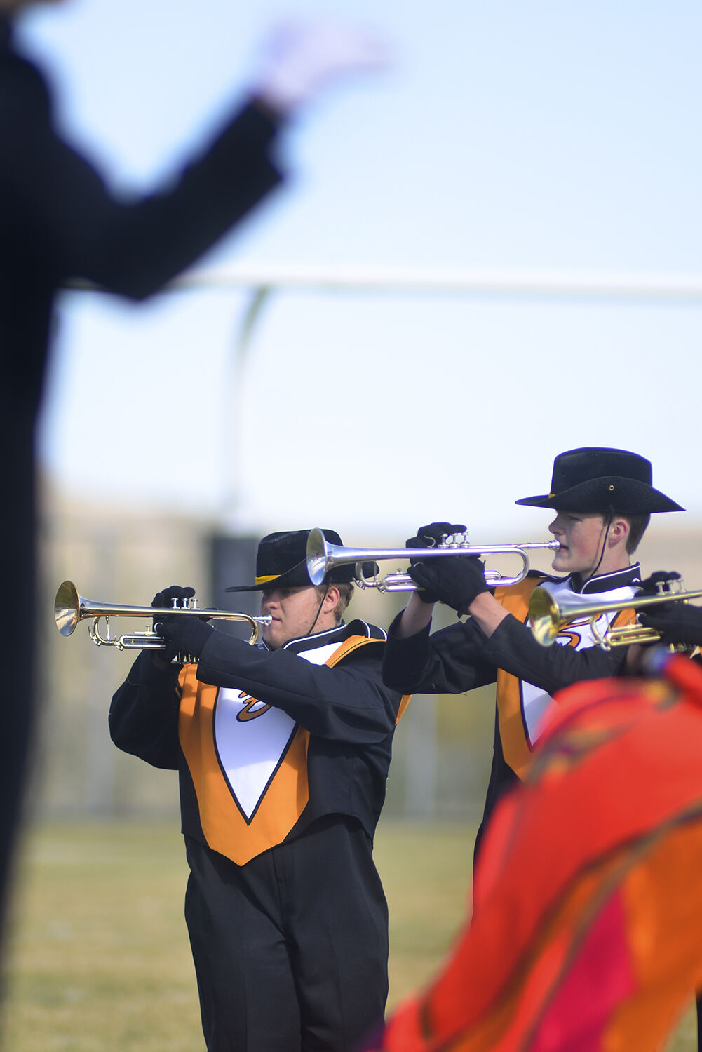 Matthew Harrison, left, and Matthew Schlichting line up with the trumpets